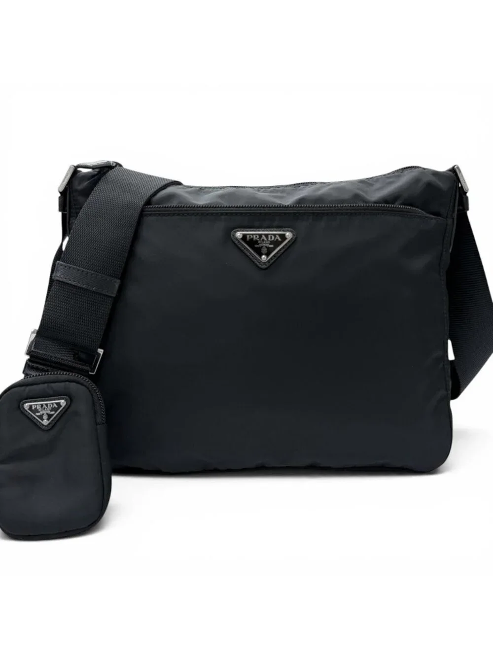 Prada Leather Re-Nylon Triangle Logo Pouch Crossbody Shoulder Bag Black